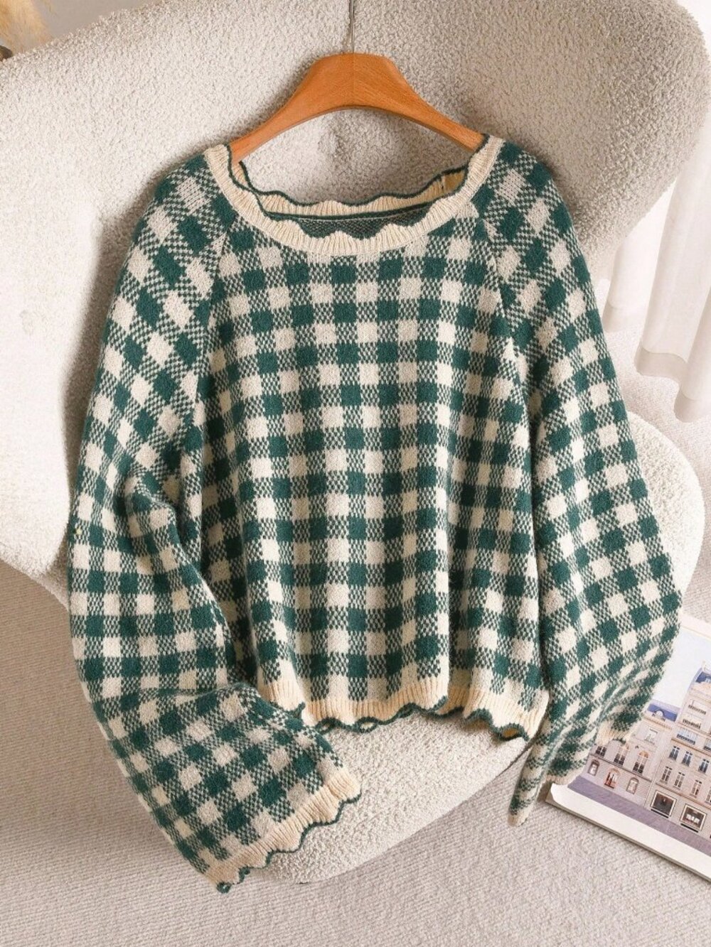green Casual Slim Fit Women's Round Neck Gingham Plaid Raglan Pullovers